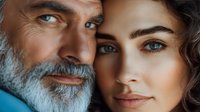 Close up portrait of mature bearded man with gray hair and young brunette woman with blue eyes against blue background, showing age gap relationship.
