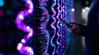 Digital data visualization with person analyzing glowing purple and blue interface display showing binary code patterns and network connections in dark environment.