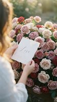 Young Caucasian woman holding a love note card surrounded by lush pink and dusty rose garden roses in warm golden light.