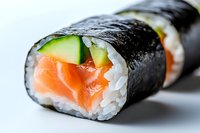 Fresh salmon and cucumber sushi roll with white rice wrapped in nori seaweed sheet, close-up macro shot on white background showing texture and layers.