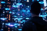 Man looking at futuristic digital interface with glowing blue holograms and data visualization elements against dark urban background with bokeh lights.