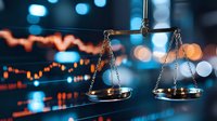 Scales of justice against financial market graph background, symbolizing legal aspects of trading and investment regulations in business environment.