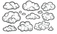 Hand drawn fluffy clouds collection in black outline style on white background, isolated elements for creative design projects and decorative use.