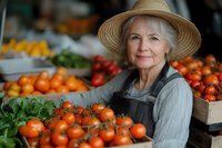 Senior Caucasian woman vendor in straw hat and apron smiling while selling fresh organic tomatoes and produce at local farmers market stand.