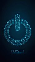 Digital power button symbol made of glowing blue wireframe polygons on dark background with power text for technology and energy concepts.