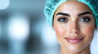Young female medical professional wearing surgical cap smiles confidently against blurred hospital background, representing healthcare, wellness and medical expertise.