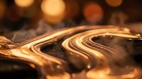 Molten chocolate swirls creating elegant curves with warm golden bokeh lights in background for confectionery and dessert marketing materials.
