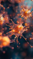 Microscopic orange virus cell structure on dark blue background with glowing particles and bokeh effect, scientific molecular visualization for medical research.