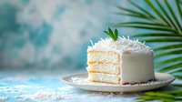Fresh coconut layer cake slice with white cream frosting and tropical palm leaf on blue background, styled food photography for bakery menu.