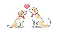 Two adorable golden retriever dogs sitting together with red collars and pink heart symbol above showing love and friendship for pet designs.