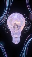 Futuristic polygonal light bulb with glowing neon wireframe and digital particles on dark background representing innovation and creative technology solutions.