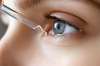 Close-up of eye drops being applied to blue eye with long eyelashes, showing clear liquid droplet falling from dropper tip against soft skin texture background.