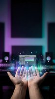 Hands holding glowing sound waves and audio equalizer visualization in modern music production studio with neon purple and cyan lighting effects.