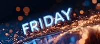 Glowing blue neon Friday text on dark background with golden bokeh lights and sparkles creating festive atmosphere for weekend celebration and social media posts.