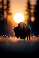 Majestic bison silhouetted against glowing sunset, standing in golden backlit grass field with bokeh effect and dramatic lighting creating atmospheric scene.