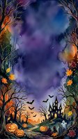 Watercolor Halloween frame with spooky castle, flying bats, carved pumpkins, autumn trees and purple night sky for seasonal greeting cards and party invitations.