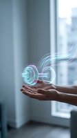 Hands holding glowing holographic dumbbell with digital energy waves flowing from it in modern office setting. Concept for fitness technology, workout innovation, and smart training solutions.