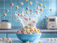 Colorful cereal rings splashing in milk creating dynamic motion in blue ceramic bowl against turquoise kitchen background with morning light and appliances.