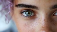 Young woman with striking green eyes and natural freckles showcasing authentic beauty and self-confidence in close-up portrait for lifestyle content.
