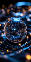Glowing sphere with interconnected network lines floating in dark space, illuminated by blue and orange lights against blurred bokeh background.