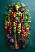Creative arrangement of fresh vegetables and fruits forming a human silhouette on teal background, representing healthy eating and vegetarianism.