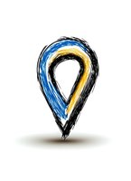 Artistic brush stroke location pin in blue, yellow and black on white isolated background. Sketchy map marker symbol for navigation and GPS apps.