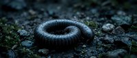 Dark gray millipede coiled on mossy forest floor with rocks and organic debris in natural woodland habitat during twilight hours.