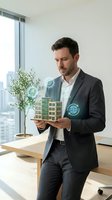 Male real estate developer or architect in dark business suit examining digital holographic building model with augmented reality interface displaying sustainable development icons in modern office with city skyline view.