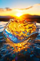 Golden wave splashing against sunset sky creates magical light refraction through water droplets, capturing motion and natural elements in dramatic composition.