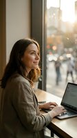 Young professional woman working on laptop at cafe window during golden hour with warm sunlight and urban street view in background.