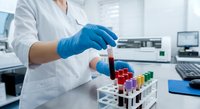 Laboratory technician in blue gloves handling colorful test tubes in modern medical research facility for scientific analysis and experimentation.