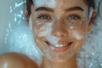 Young Caucasian woman with bright blue eyes and freckles smiling while washing face with foam cleanser, close up portrait against blue background. Skincare and beauty concept.