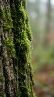 Green moss growing on tree bark in forest with shallow depth of field creating natural woodland texture for environmental and botanical projects.