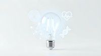 Incandescent light bulb with glowing health and wellness icons floating around it on white background, representing innovation in medical technology.