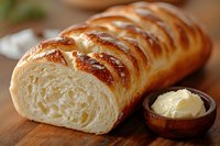 Fresh baked braided bread loaf with golden brown crust and soft white crumb texture, served with butter in wooden bowl on rustic table. Food photography.