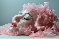 Artistic female figure surrounded by flowing pink fabric petals in dreamy ethereal composition for creative projects and romantic designs.