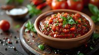Fresh homemade salsa with diced tomatoes, herbs and spices in rustic clay bowl. Vibrant red sauce garnished with cilantro and surrounded by ingredients on dark wood.