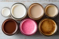 Variety of colorful milk beverages in glass jars on wooden background, including chocolate, strawberry, coffee and plain milk drinks.
