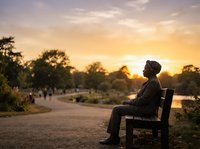 Man in formal attire sitting on wooden bench along rural pathway at sunset, contemplating nature with golden sky and trees in background, suitable for editorial and lifestyle content.