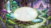 Enchanted forest landscape with magical waterfall, stone path leading to fairy tale castle under starry purple sky with mystical mushrooms and ancient trees.