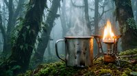 Vintage metal camping mug and glowing oil lantern on mossy forest floor in misty woodland atmosphere for outdoor adventure and wilderness exploration.