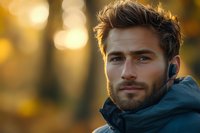 Young athletic Caucasian male with beard wearing blue winter jacket and wireless earbuds looking thoughtfully into distance against blurred golden sunset bokeh background.