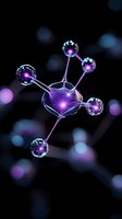 Glowing purple molecule structure with metallic spheres connected by luminous strands against dark background with bokeh lights, suitable for science concepts.