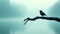 Silhouette of small bird perched on bare tree branch against ethereal turquoise sky background creates minimalist nature scene with peaceful, contemplative mood.