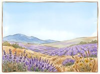 Lavender field landscape with rolling hills and mountain vista in soft watercolor style, suitable for home decor, wall art, and nature-themed designs.