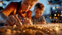 Young male chef sprinkles ingredients on food preparation surface creating magical sparkles and bokeh effect in warm ambient restaurant kitchen lighting.