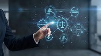 Businessman touching digital legal technology interface with justice scales and law icons in futuristic holographic display for legal services.