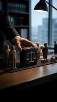 Businessman hand reaching for justice scales block with wooden figures in modern law office representing legal decision making and corporate ethics.