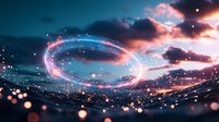 Magical glowing ring with sparkles and light trails against dramatic sunset sky with pink clouds. Ethereal energy portal with bokeh effects and luminous particles.