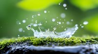 Water drop splash creating crown shape on moss covered surface with green bokeh background and floating water droplets in macro photography.